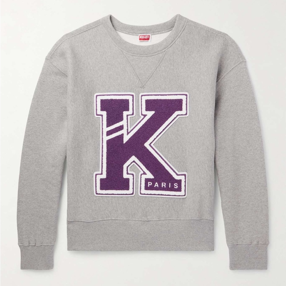 Kenzo Logo-Appliquéd Cotton-Jersey Sweatshirt in Pearl Gray, NWT, Size L